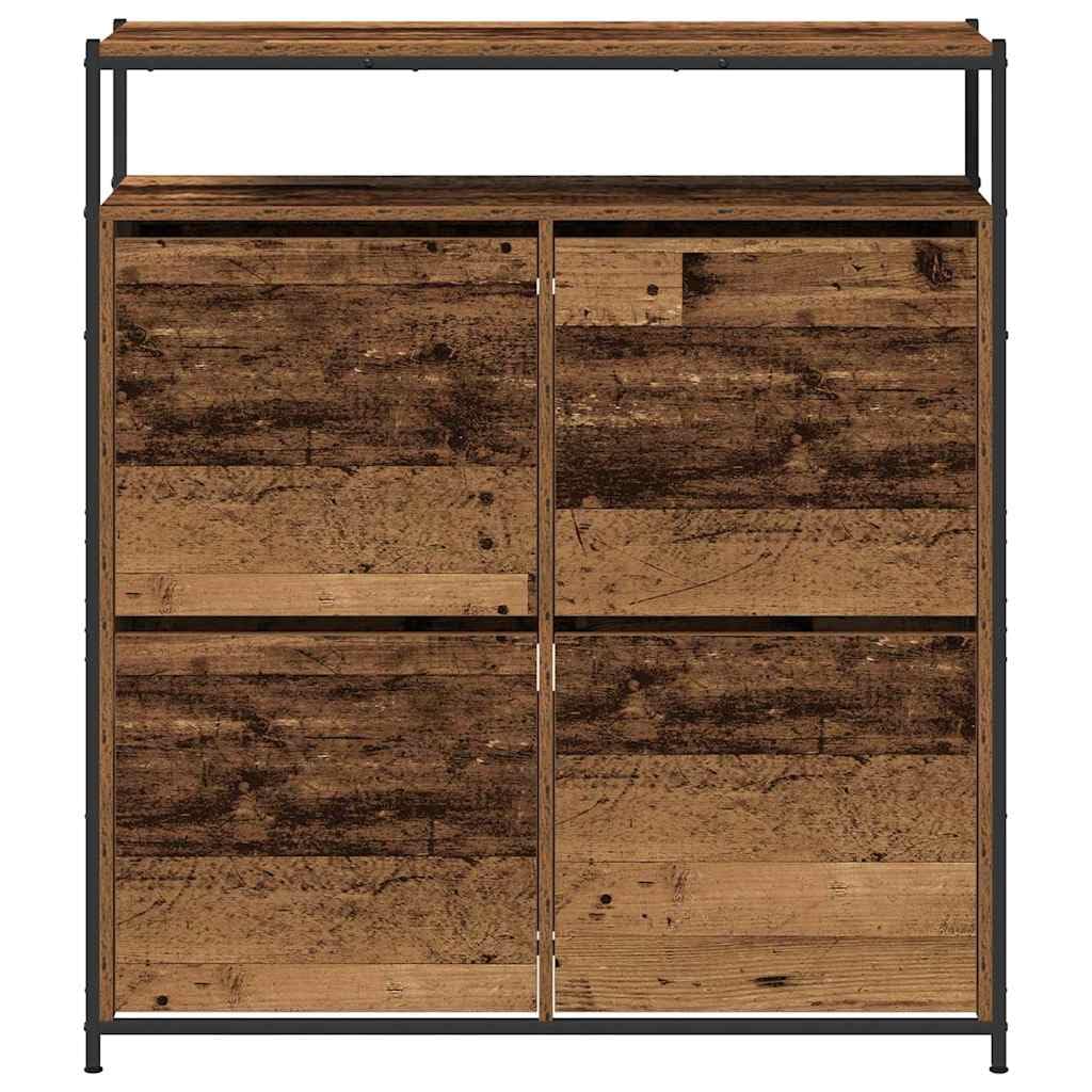 Zapatero con estante Madera vieja 100 x 34 x 112 cm | Madera mecanizada, patas de acero negro, puertas con bisagras, interiores, fáciles de montar