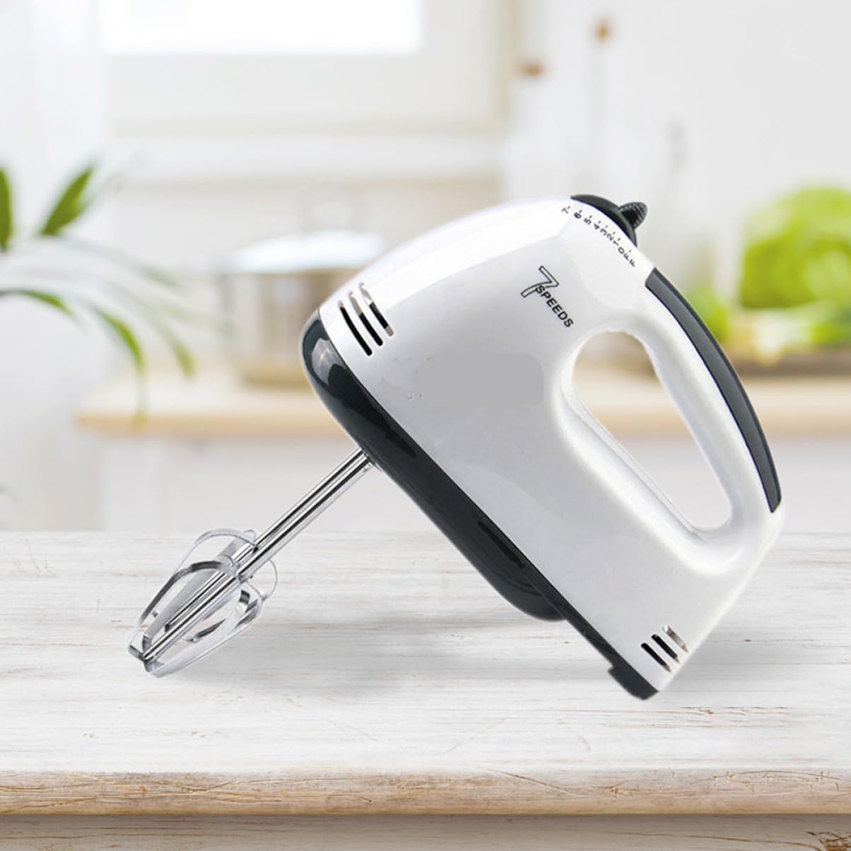 Mikikit Frusta Elettrica per Uova Bianca 7 Velocità, Miscelatore da Cucina in Plastica e Acciaio Inox, Strumento la Preparazione di Dolci in Casa