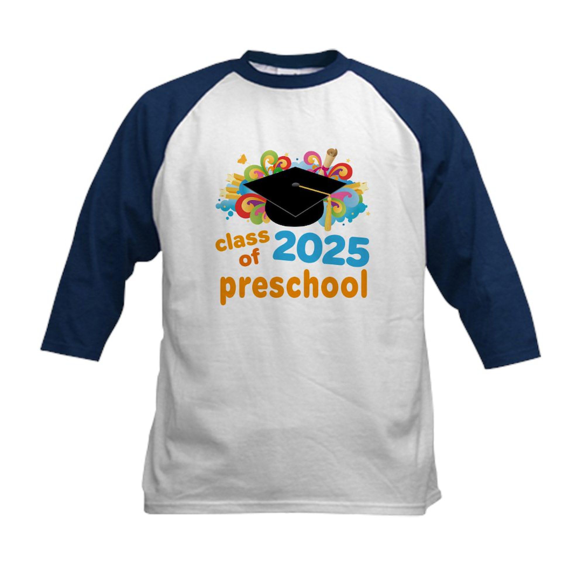 CafePress Preschool Class of 2025 Kids Baseball T Shirt Kids Cotton Baseball Jersey, 3/4 Raglan Sleeve Shirt Navy/White