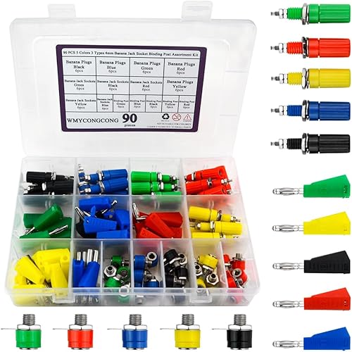 WMYCONGCONG 90 piezas 5 colores 3 tipos de enchufe banana jack de 0.157 in, kit surtido de postes de encuadernación para amplificador de altavoz de