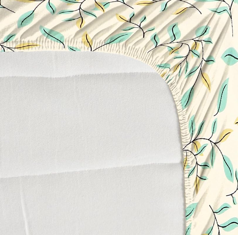 Image of NHD HOME Premium Cotton Elastic Fitted Bedsheets with 2 King Size Pillow Covers | Double Bed with All Around Elastic 220 TC Supersoft |Size-72 King Sizex78+10 inches | Floral, White Green