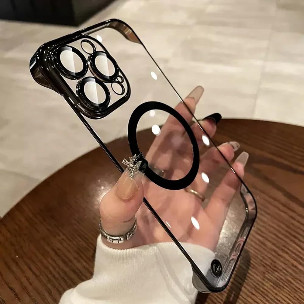 Przezroczyste etui Ultra Thin Frameless Case do iPhone'a 15 14 13 12 Pro Max Magnetyczne ładowanie bezprzewodowe, czarne, do iPhone'a 13Promax