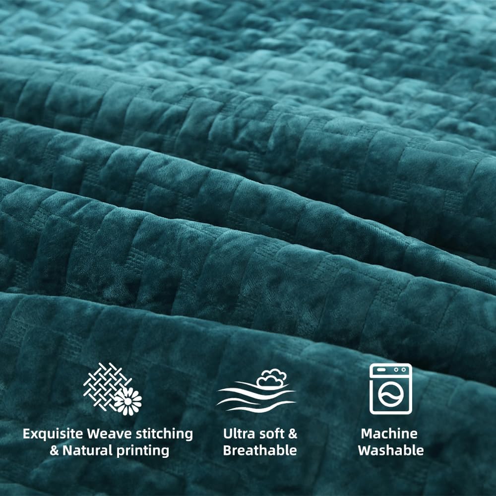 Velvet Bedspread Quilt Bedding Sets,Luxury Elegant Ultra Soft Velvet Comforters Coverlet Blankets,Weave Stitching Pattern Cotton Quilted Bedspread for All Seasons,Teal,King Size - Image 5