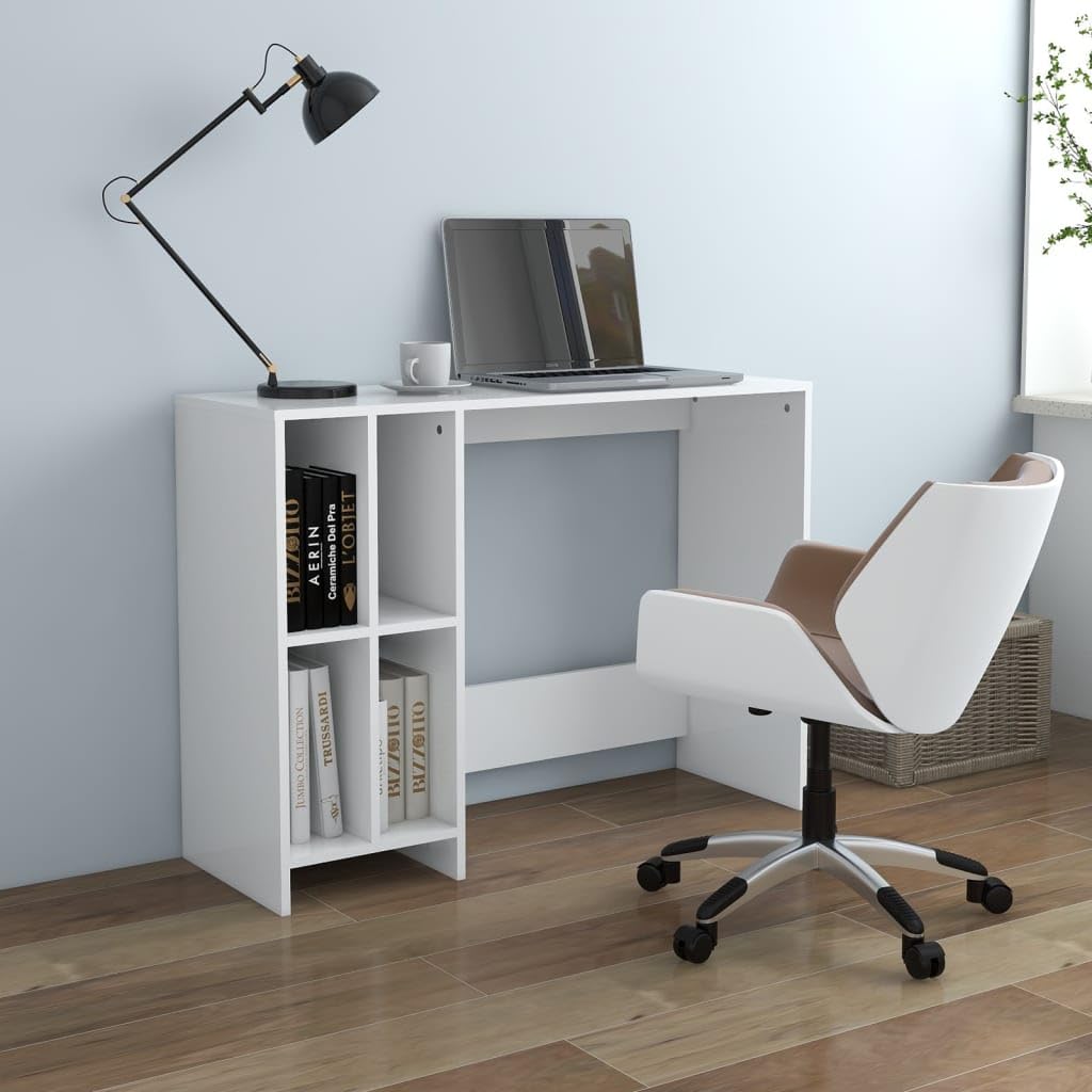 Mesa de ordenador blanca 102,5 x 35 x 75 cm de madera con 4 compartimentos, mesa de ordenador para el trabajo, ordenador portátil, esquina, escritorio de pie para oficina en casa