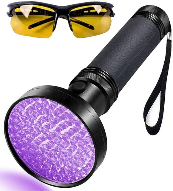 LGUIY UV Torch Flashlight, UV Light 100 LEDs Torch Black Light 395nm Ultraviolet Flashlight Blacklight with Goggle for Pet Dog Cat Stains Scorpion Currency Bed Bug Detector