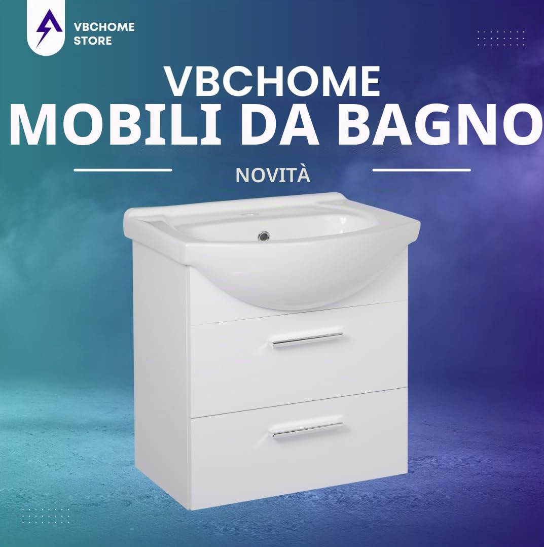 VBChome Set di mobili da bagno 50 x 53 x 43 cm con lavabo in ceramica e pensile con 2 cassetti - Compatto, funzionale ed elegante per piccoli bagni