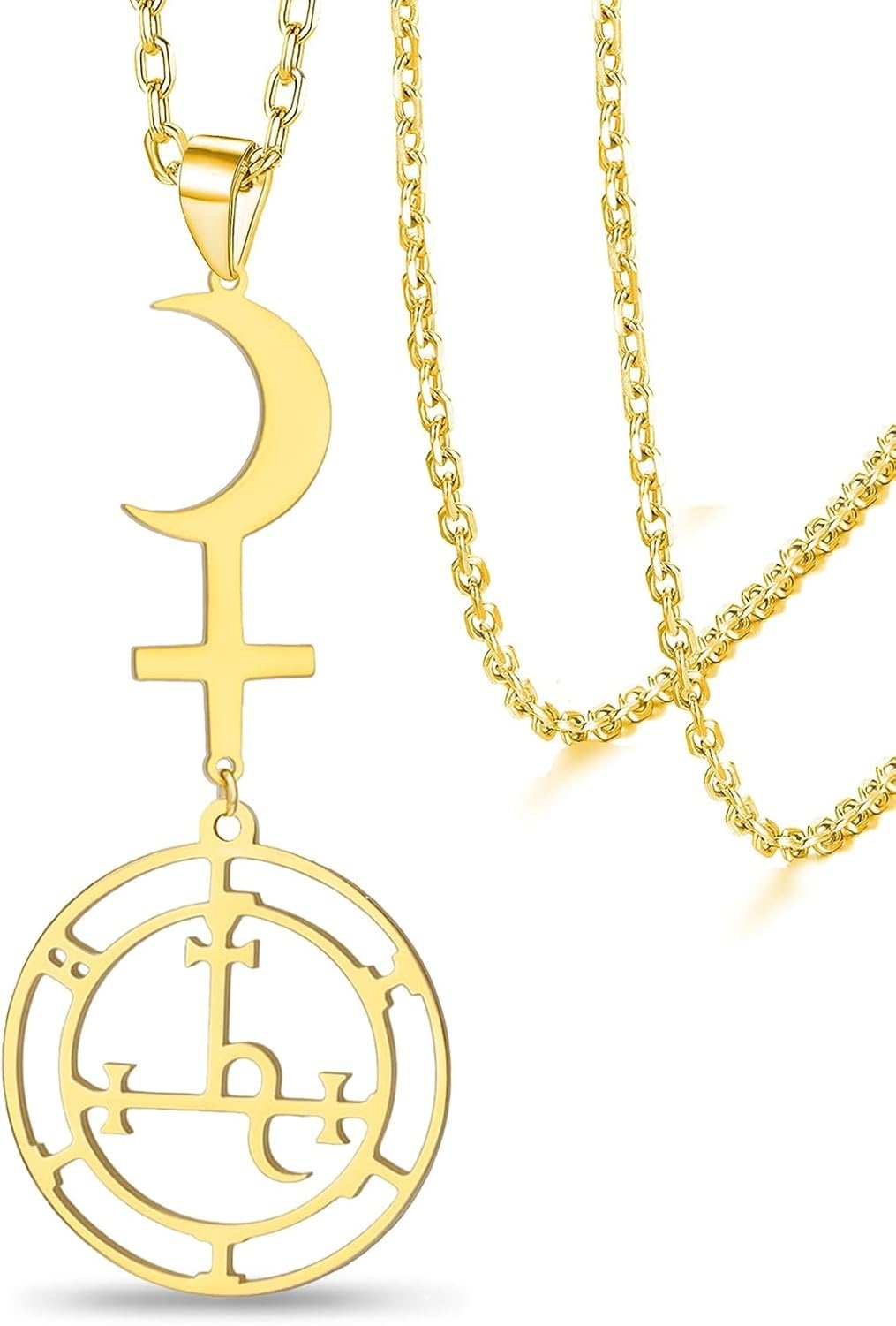 XIUNYIE Sigil of Lilith Moon Witchcraft Symbol Pendant Necklace for Women Men Gothic Pagan Amulet Cross Gem Crescent Dark Astrology Double Protection Lucky Jewelry, Gold2