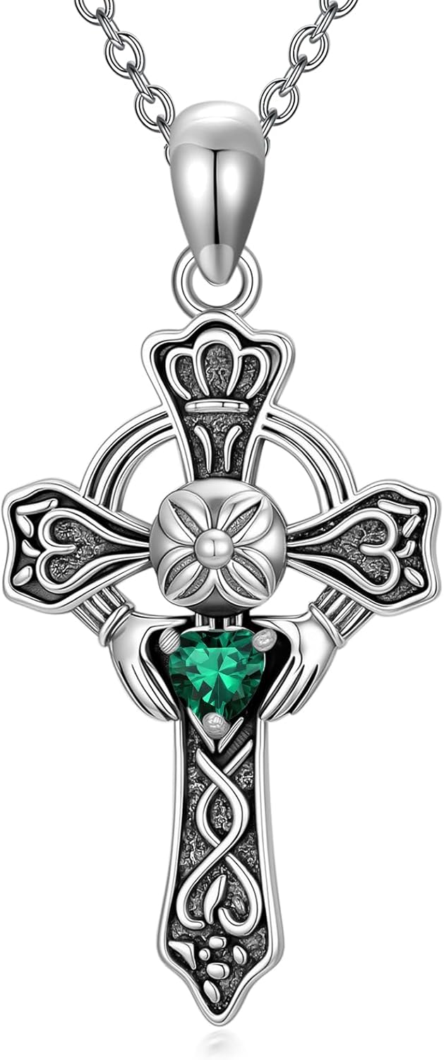 Claddagh Cross Necklace with Birthstone for Her, Real Silver Vintage Irish Claddagh Cross Necklace for Women Ladies Birthday Christmas Wedding Anniversary