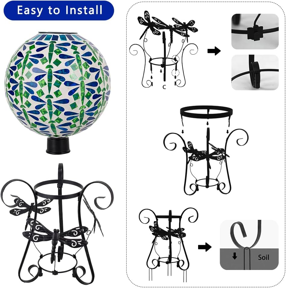 Starsoul Solar Gazing Ball, 10" Dragonfly Mosaic Gazing Balls with Stand, Garden Spheres for Outdoor Lawn Yard Decor
