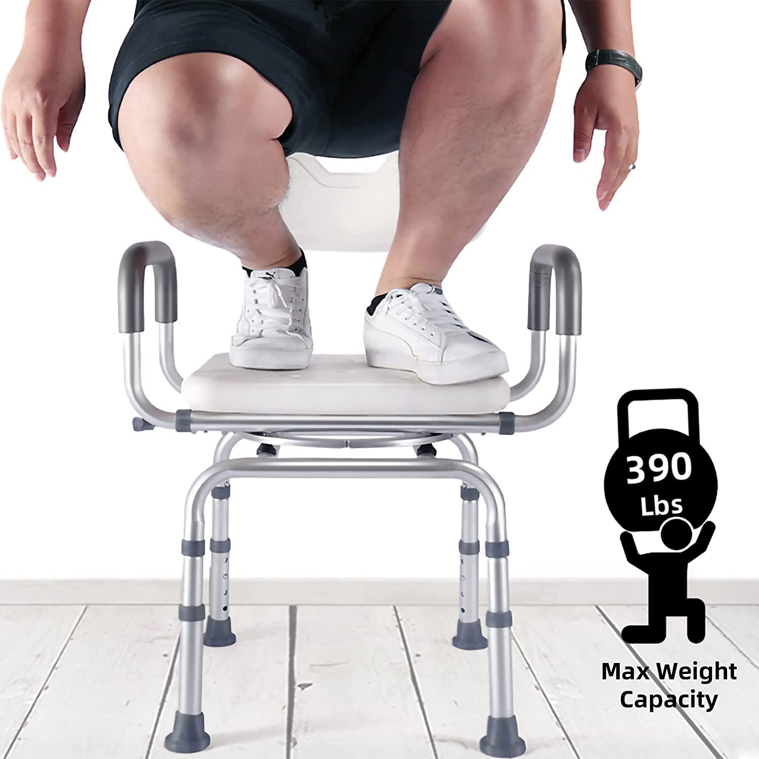 Silla de ducha giratoria de 360 grados, asiento portátil con reposabrazos y respaldo, asiento de altura ajustable para bañera (blanco)