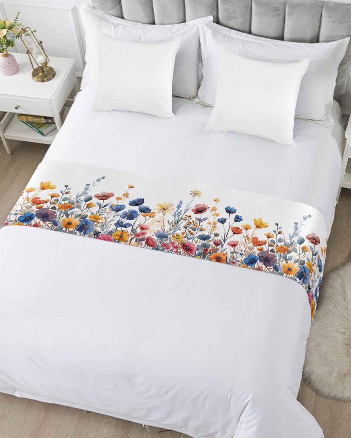 Flower Bed Runner Scarf Full Queen Size,Luxury Bed Throw Runners & Scarves for Twin Full Queen King Foot of Bed Hotel Wedding Decoration,Blue Floral Daisy Eucalyptus Lavender White Watercolor 83"x20"