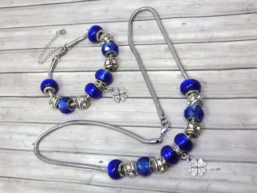 Parure mujer de acero inoxidable con collar charms pulsera a juego y colgante trébol con cristales