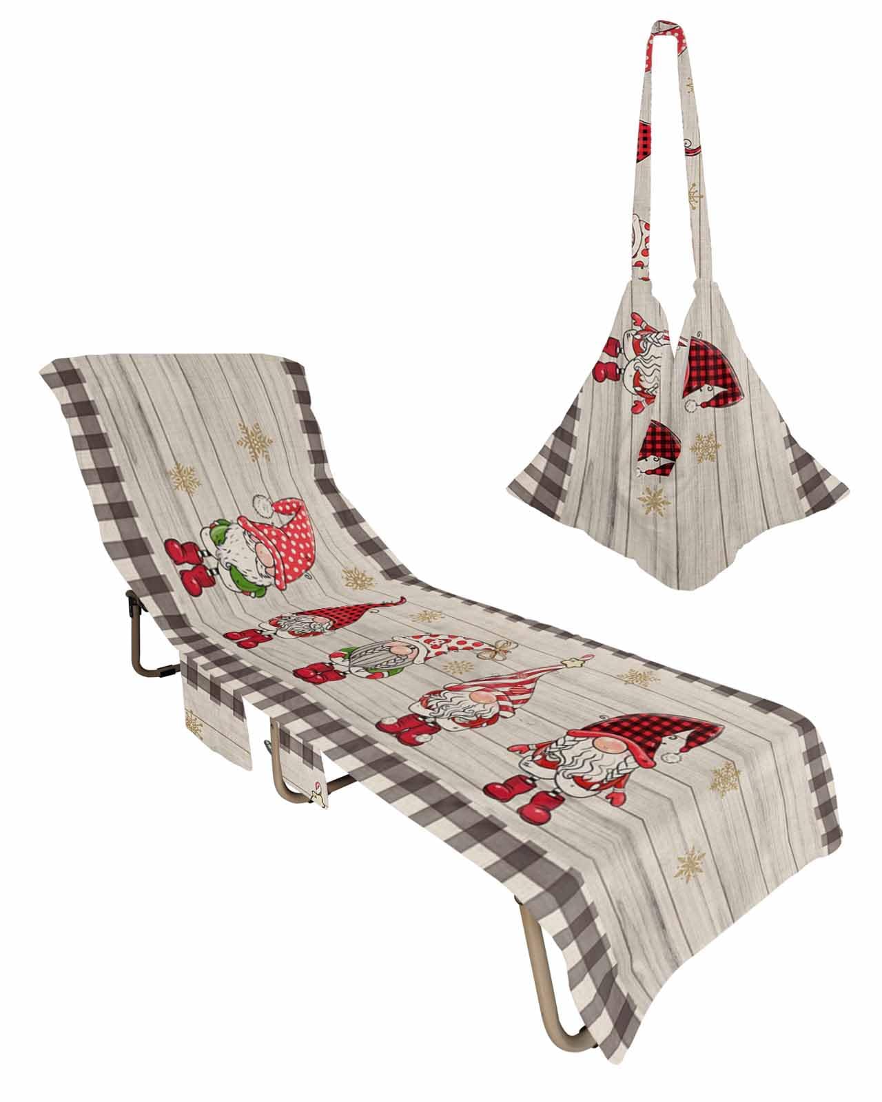 Christmas Tree Beach Chair Towel Covers for Chaise Lounge with Side Pocket, Soft Plush Pool Towels Cover for Patio Sunbathing Outdoor 29''x85'' Retro Farmhosue Wood Buffalo Plaid