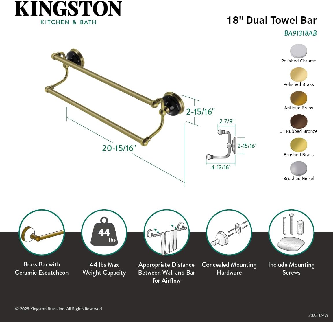 Kingston Brass BA91318BB Water Onyx Dual -Towel Bar, Brushed Brass 20.94 x 4.81 x 4