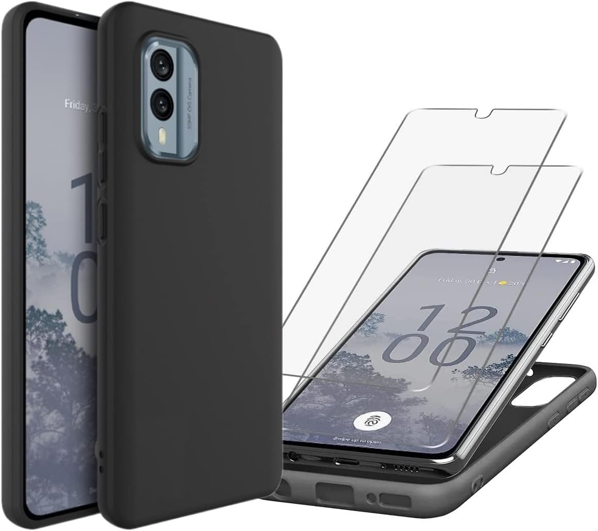 For Nokia X30 5G Case with 2 Pack Tempered Glass Screen Protector Shockproof Soft Silicone Protective Phone Cover Case for Nokia X30 5G, Black(Case With Screen Protector)