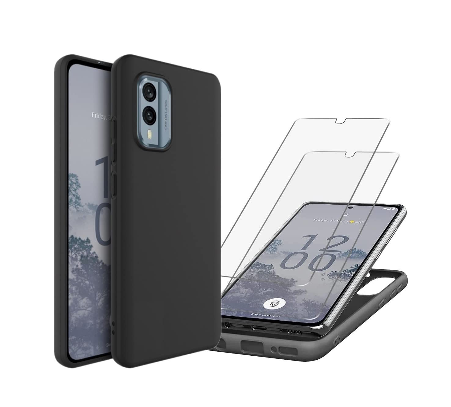 For Nokia X30 5G Case with 2 Pack Tempered Glass Screen Protector Shockproof Soft Silicone Protective Phone Cover Case for Nokia X30 5G, Black(Case With Screen Protector)