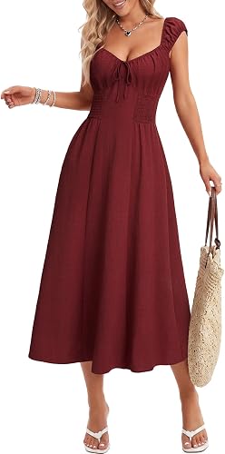 Vrtige Women's Sleeveless Smocked Flowy Casual Long Dress Wine Red X-Large
