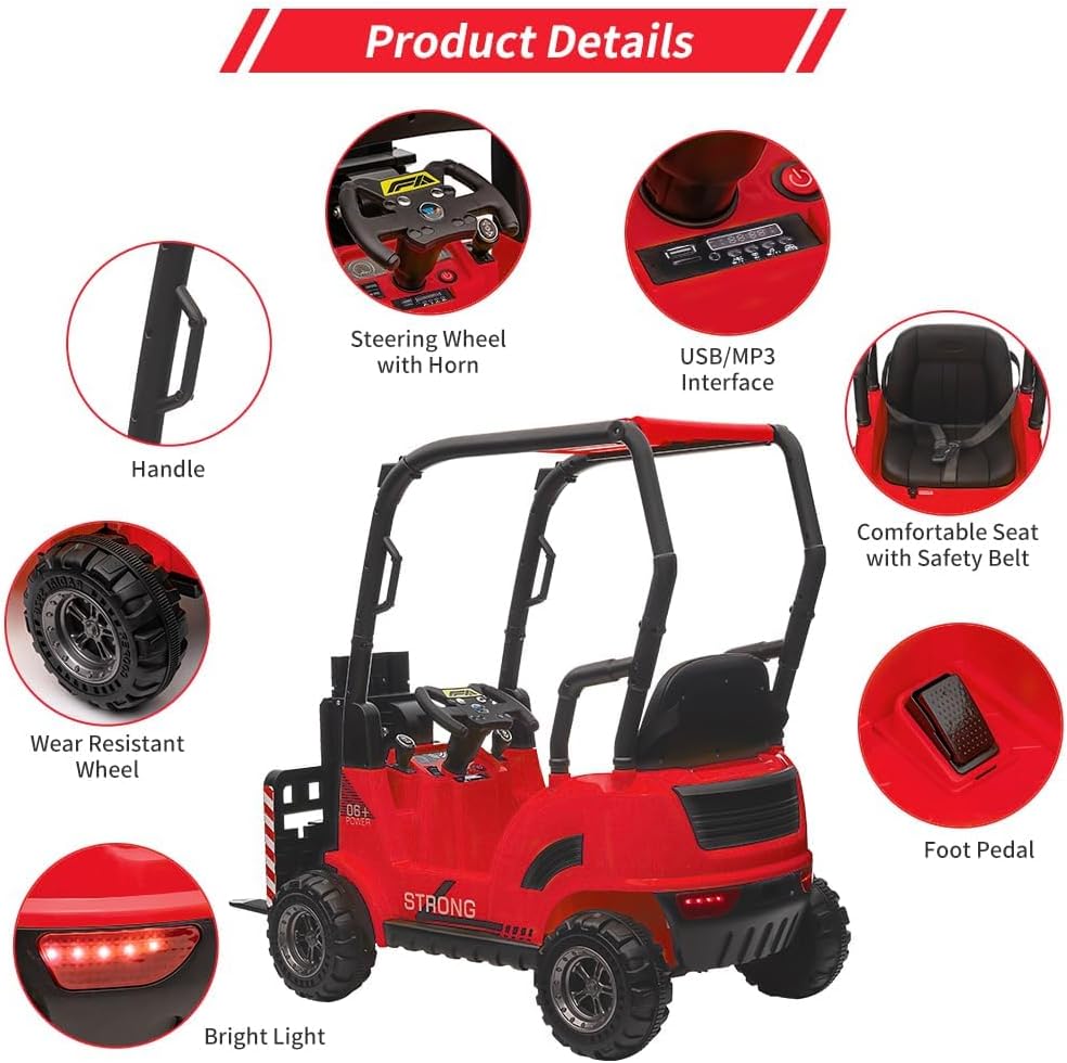 12 V Children's Electric Forklift with Liftable Fork and Pallet, Remote Control for Parents, Music, USB, MP3, High/Low Speed, Safe Electric Car for Ages 3 and Above