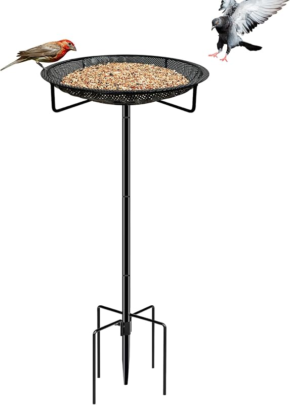 Standing Bird Feeder Tray,11.8" Stainless Steel Large Platform Bird Feeder Mesh Seed Tray with Adjustable Heavy Duty Stand Birds Feeder Pole for Outside Wild Birds in Garden Backyard