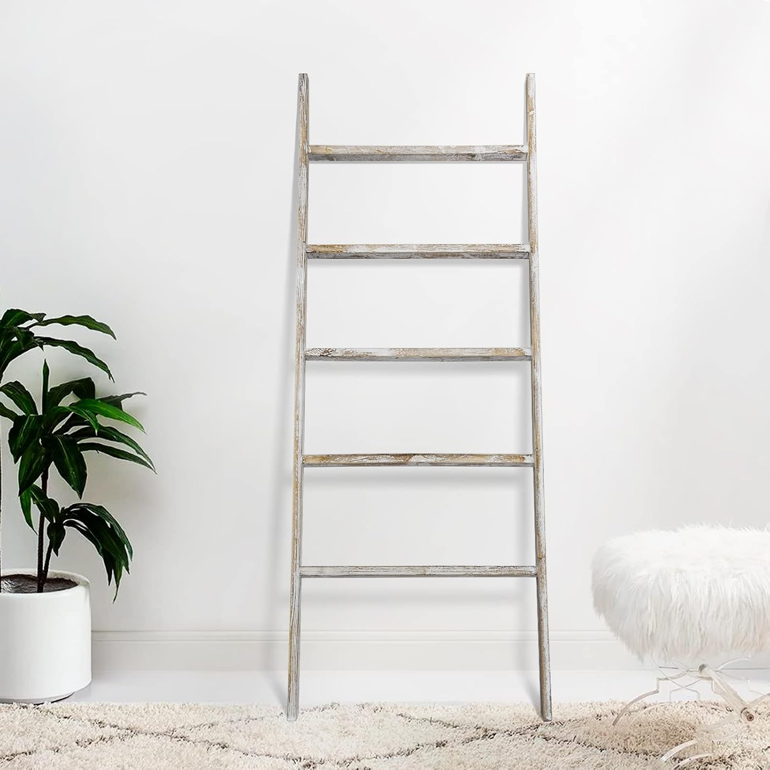 RHF Extra Thick Blanket Ladder,Rustic Wood Ladder, Decorative Heave Duty Ladder for Blanket, Farmhouse Blanket Ladder, Storage Ladder Shelf, Assembly Required, 4-Feet ( White, 4 Ft)