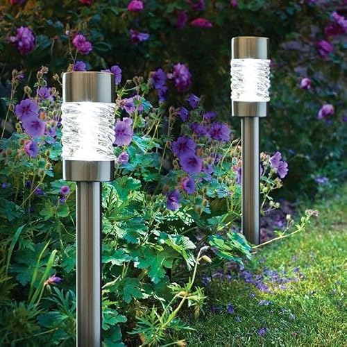 Garden Mile Solar Powered Stainless Steel Garden Lighting LED Garden Stake Outdoor Light Bollard Pathway Borders Patio Weatherproof Warm Lights (3pc Martello Bollards)