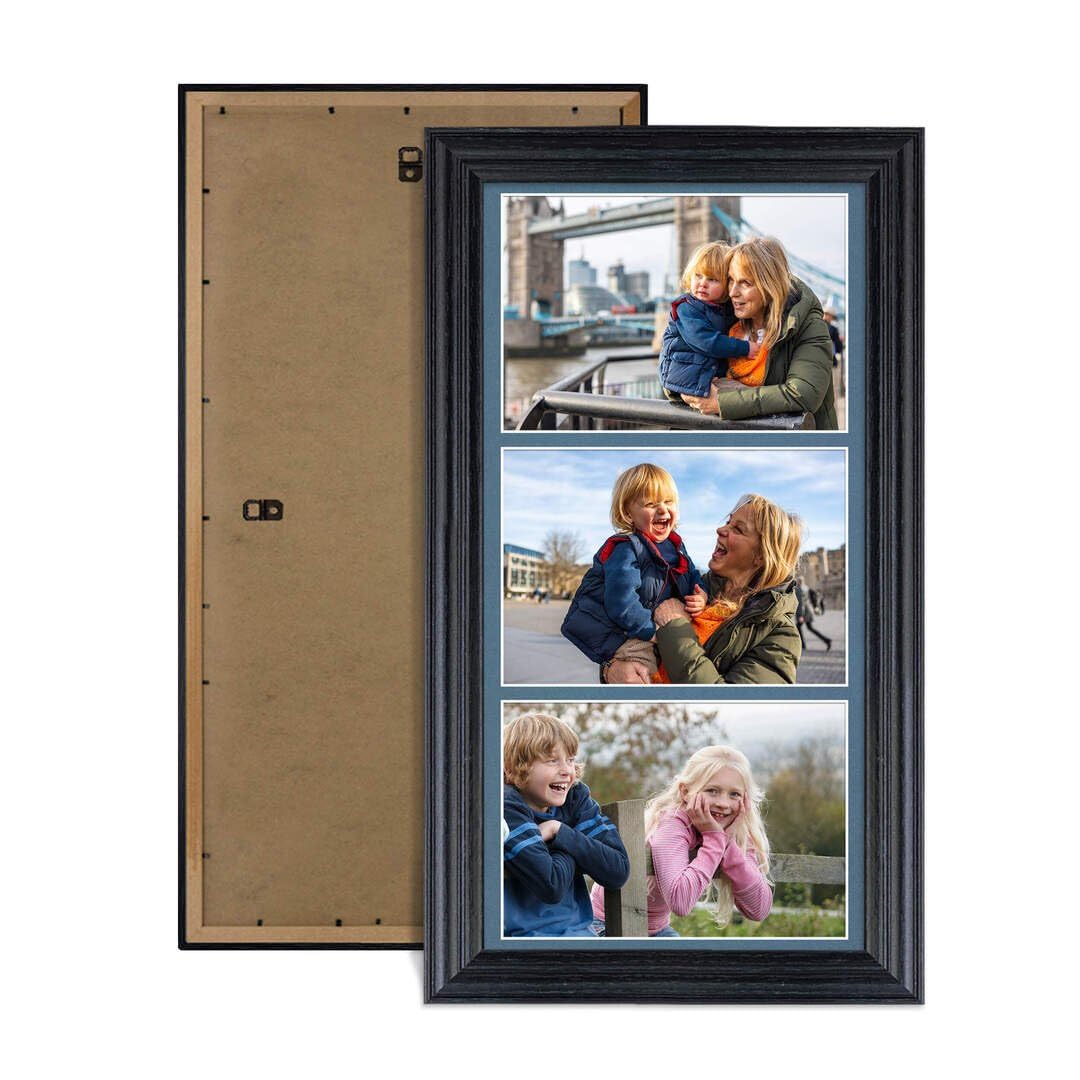 Procut Global 16X8 Black Photo Frames For Multiple Pictures with Pompadour Mount-Classic Collage Frame with 3 Apertures (3x) 7X5-Engineered Wood with Shatterproof Perspex
