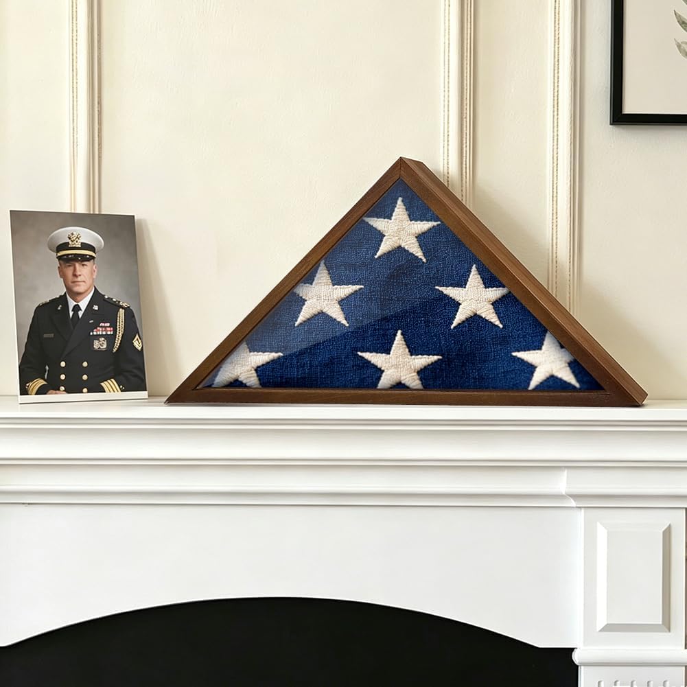 PH PandaHall Flag Display Case, Flag Case for Burial Flag Triangle Wood Wall Mounted Flags Holder Glass Front Flags Shadow Box for Military Veterans Wall Mounted Home Memorial Decor, 8.9"x17.5"x3.4"