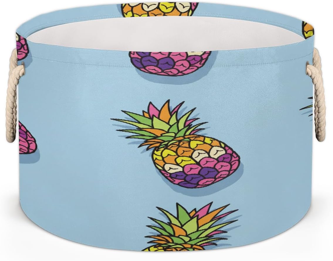 Large Storage Baskets - Rainbow Pineapple Nursery Round Collapsible Organizer Bin Box, Laundry Hamper for Kids Toys, Blanket, Bedroom Living Room Home Decor, Gift Basket, 19.4"x13.3"