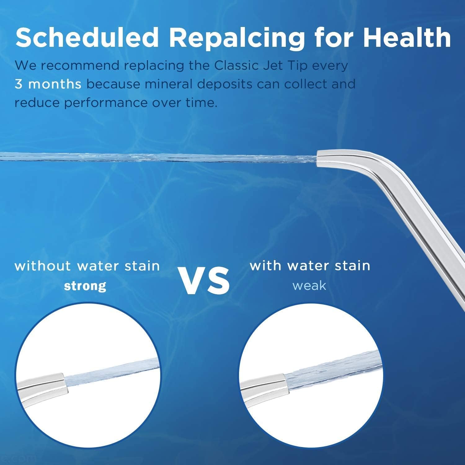 Comparison of water flow from a new jet tip versus an old tip with mineral deposits.