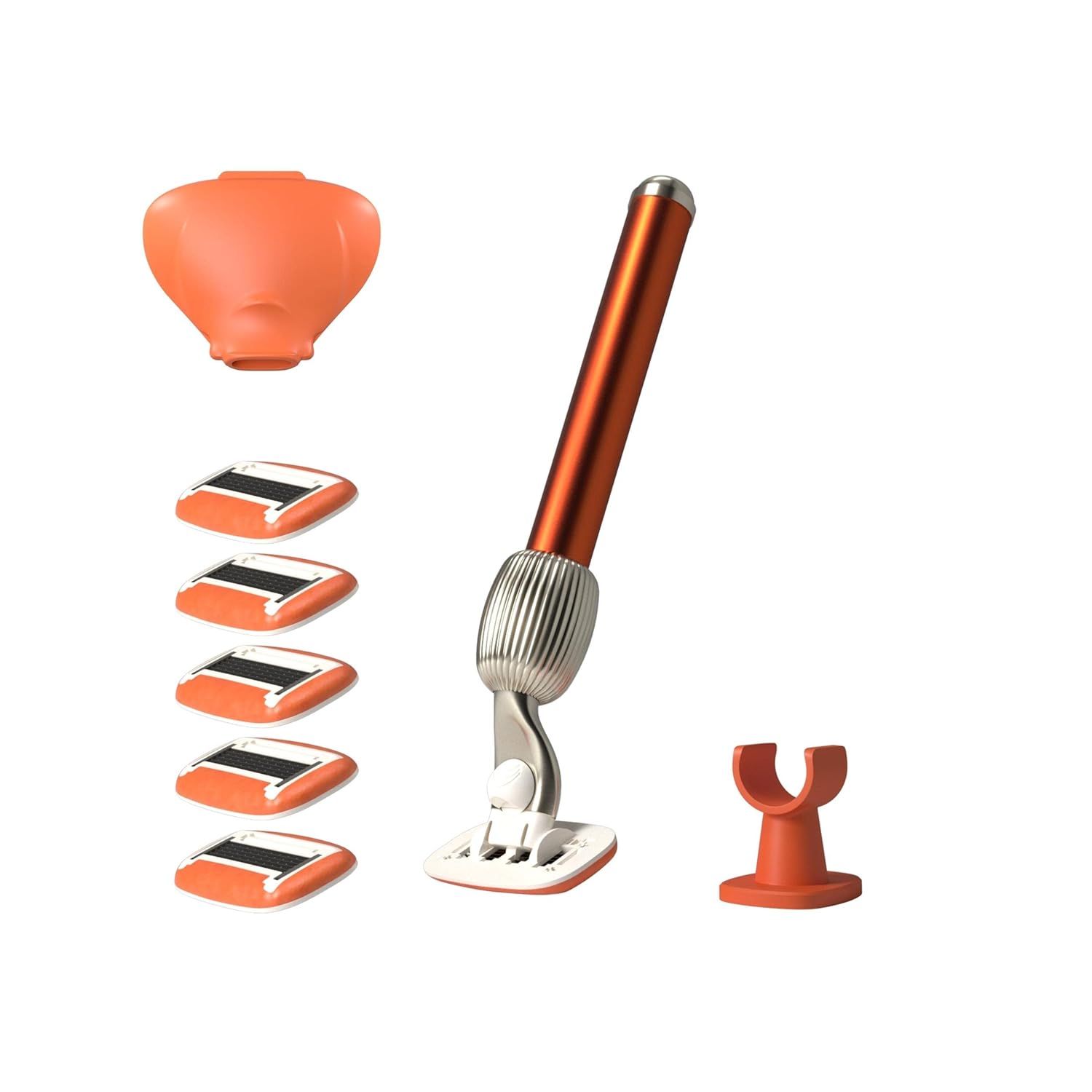 Fler The Razor Shave Set - 5 Blade Metal Razor for Women with Wall Holder, 6 Refill Cartridges & Protective Travel Case, Unisex Shaver with Aloe Vera, Vitamin E & Jojoba Oil - Sicily (Orange)