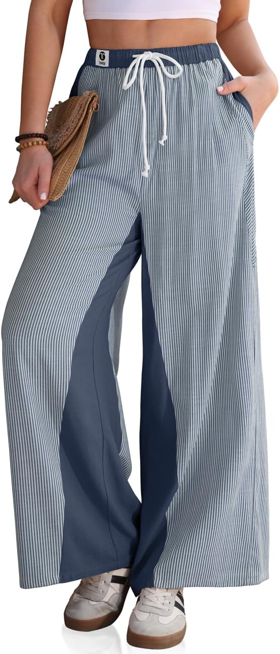 TARSE Women’s Linen Wide Leg Pants Striped Drawstring Elastic Waist Loose Fit Summer Boho Casual Trendy Pants with Pockets