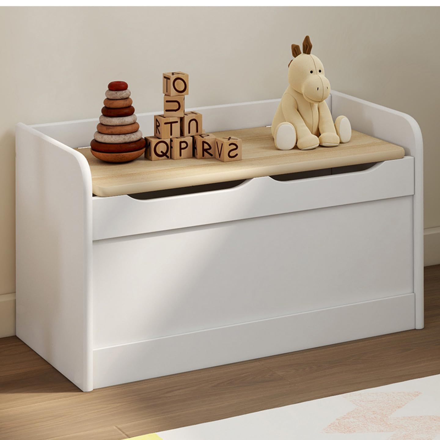 IDMarket - Banc Coffre de Rangement Enfant Logan 60 cm en Bois Blanc et hêtre
