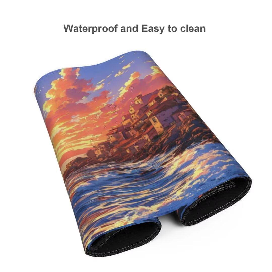 Alfombrilla de ratón 1400x600x3 MM, Alfombrilla Ratón XXL Extendida de Gran Tamaño con Bordes Cosidos, Base de Goma Antideslizante Almohadilla para Teclado, Costa del Atardecer S-8177