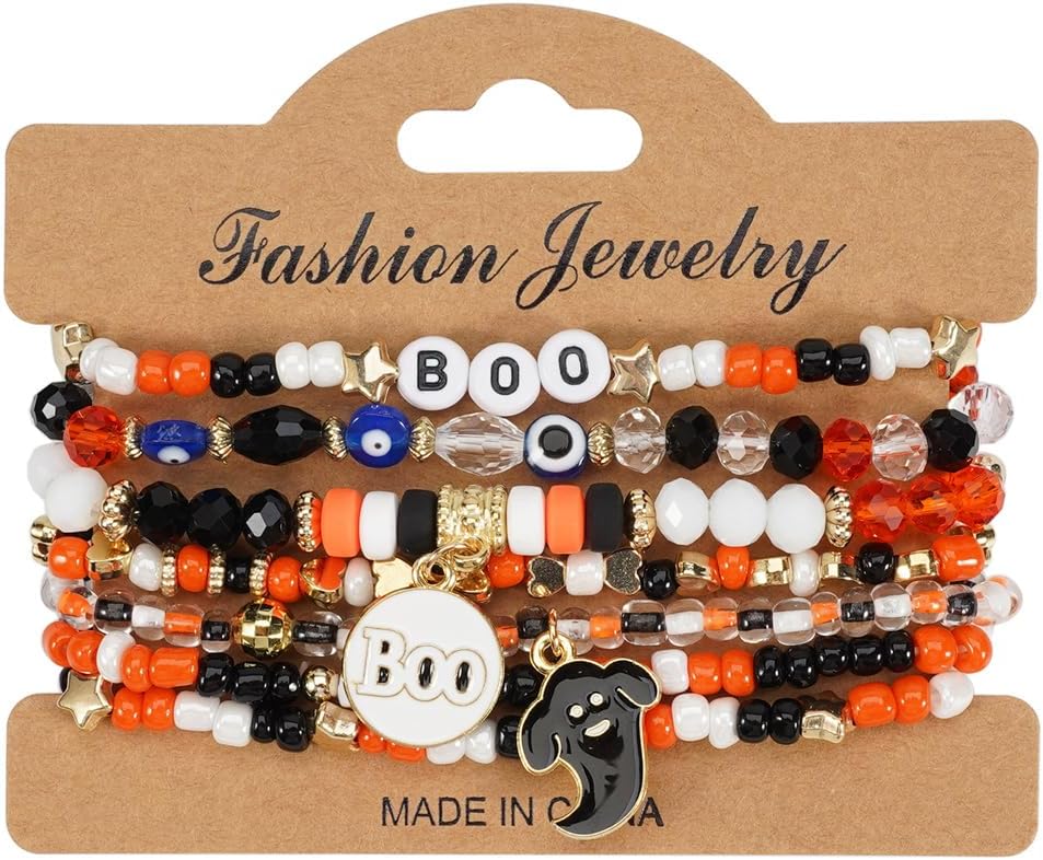 Halloween Stackable Rice Beaded Bracelets for Women Cute Pumpkin Ghost Bat Boo Pendant Multilayered Beaded Stretch Bracelet Set Halloween Jewelry Gift - Image 2