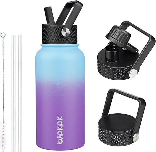 Miniatura 28 de BJPKPK Botellas de agua aisladas con tapa con pajilla, termo frío y caliente de 22 onzas, botella de agua de metal de acero inoxidable con 3 tapas,