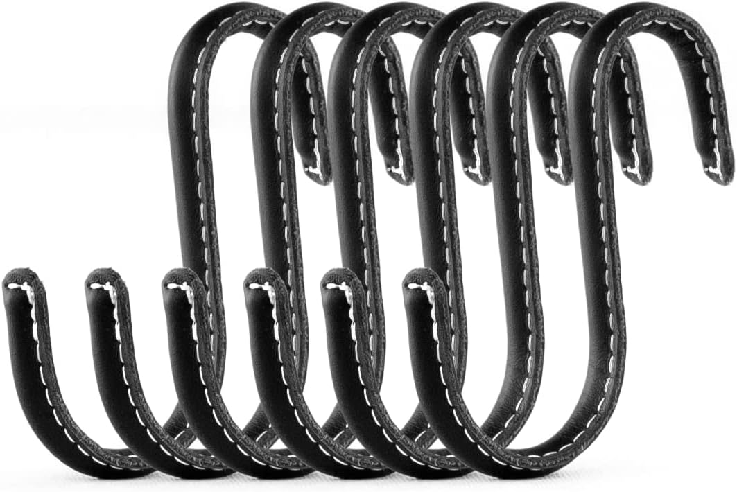 Brute Strength - S Shaped Hooks Wrapped in Full Grain Leather - 6 pcs - Black - Stainless Steel Metal Hangers and Hanging Hooks
