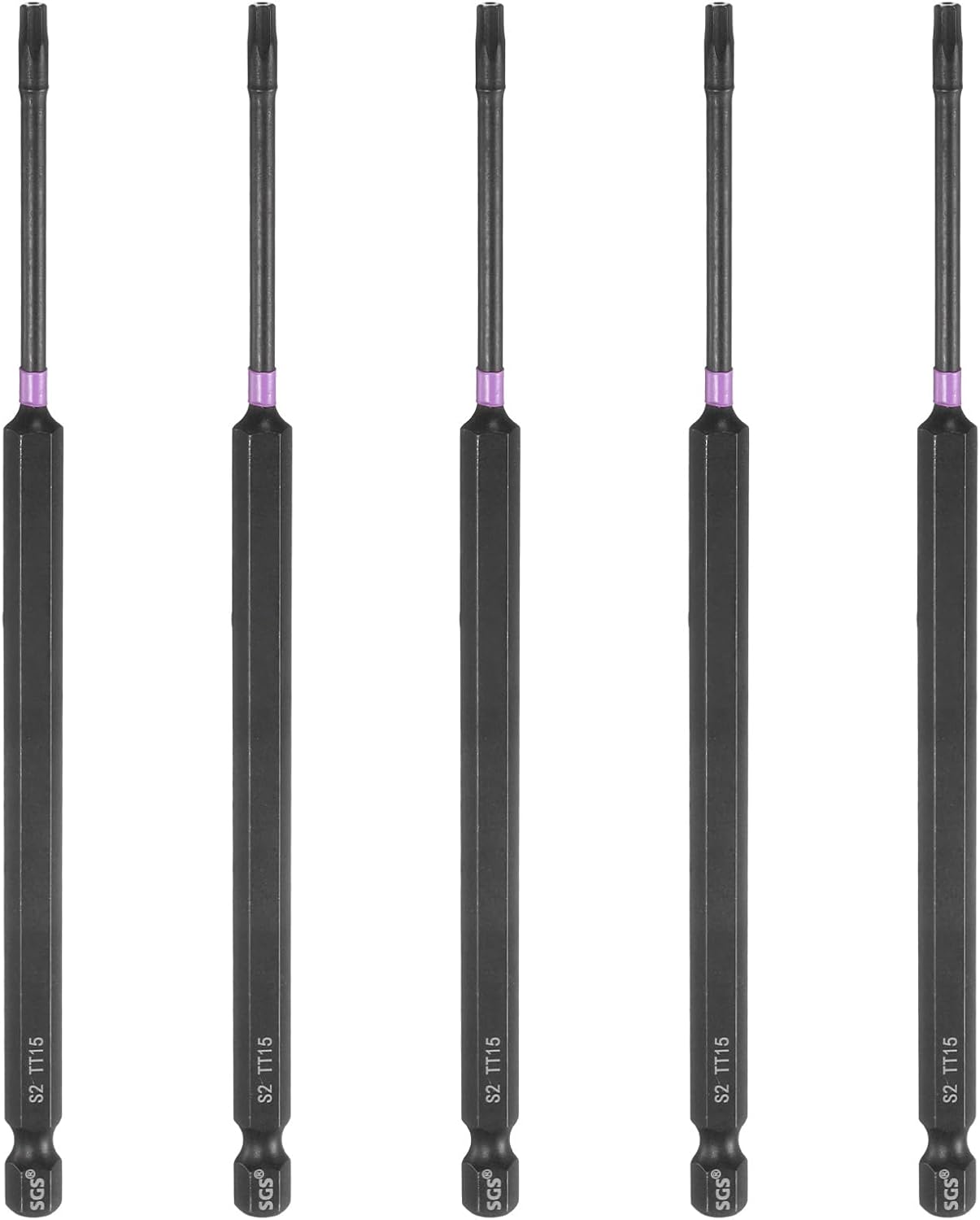 HARFINGTON 5pcs TT15 Torx Head Impact Screwdriver Bits 1/4" Hex Shank 6" (150mm) Long Magnetic Tamper Proof 6 Point Star Screw Driver Drill Bits Phosphate S2 Steel Power Tools with Hole