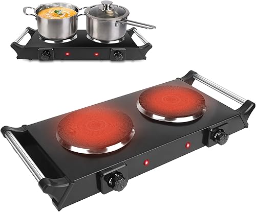 Placa caliente de 2000 W, estufa eléctrica portátil para encimera, quemadores dobles con control de temperatura de 5 niveles y asas que se mantienen