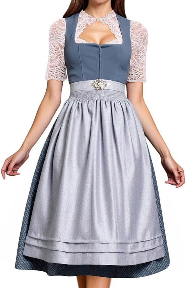 JIAALU Dirndl Damen Lang - Modernes Oktoberfest Kleid 3-teilig Trachtenoutfit