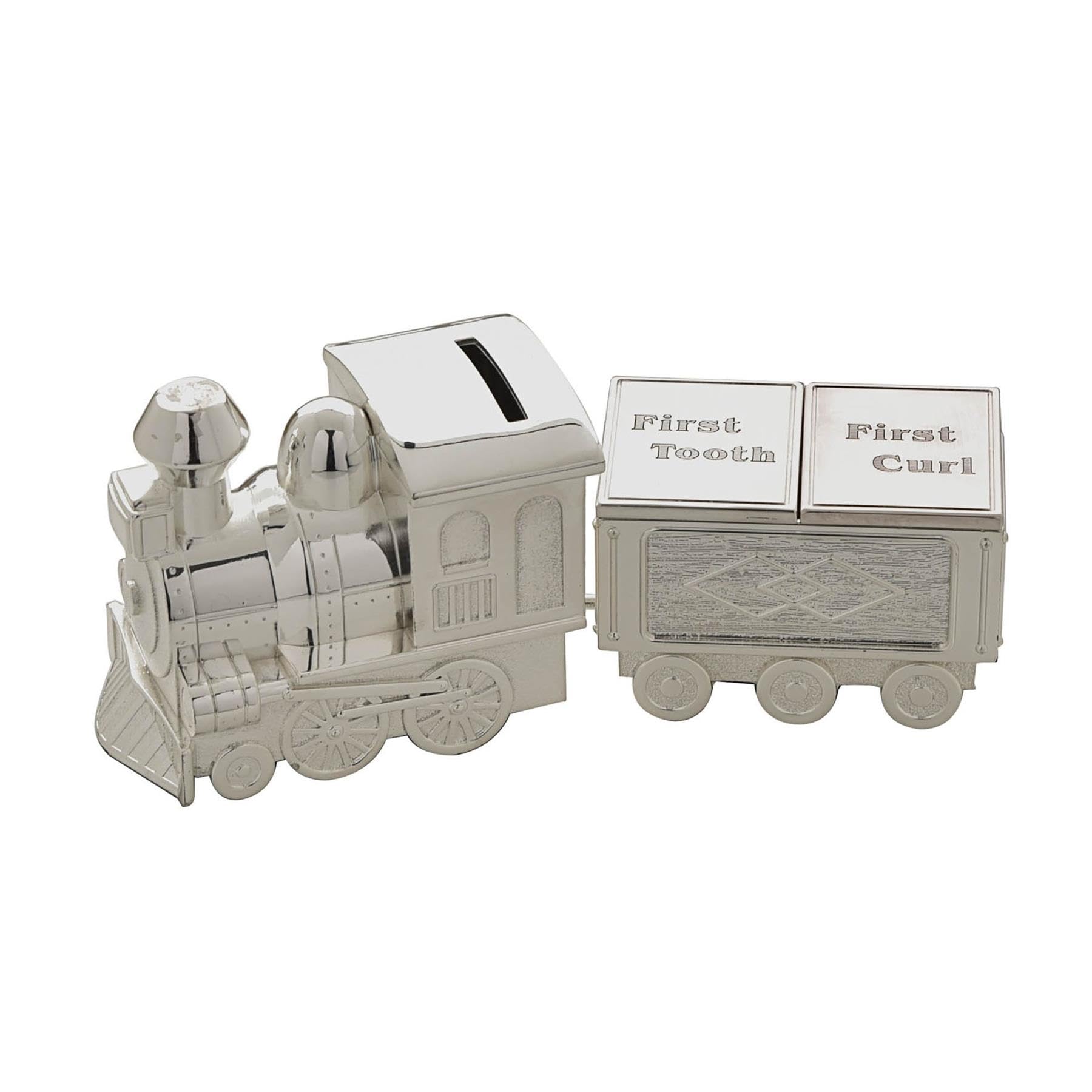 Silver Plated Train Money Box First Tooth & Curl Carriages - Christening Gift Steam Train Piggy Bank - Bambino Baby Keepsake Gift Set - Baby Shower Present Boys Girls