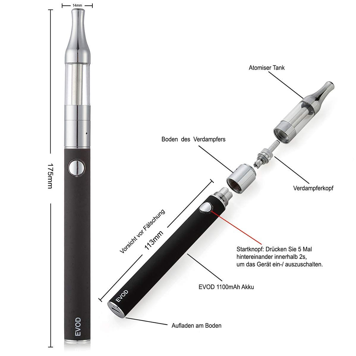 evod e-zigarette E Zigarette Starterset Elektronische Zigarette/E Shisha Doppelset: 2x EVOD  1100mAh Akku+2x Mini Protank Verdampfer+5x Extra Verdampferköpfe Ohne E  Liquid Nikotinfrei KUBO (2 Stück Schwarz+Weiß) : Amazon.de: Elektronik &  Foto