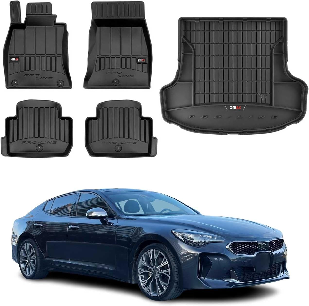 OMAC Premium Floor Mats & Cargo Liner for Kia Stinger 2018-2023 Black 5 Pcs Car Mats All Weather 3D Custom Fit Rubber Mat Waterproof Odorless TPE Floor Liners Laser Measured Non-Slip (Black)