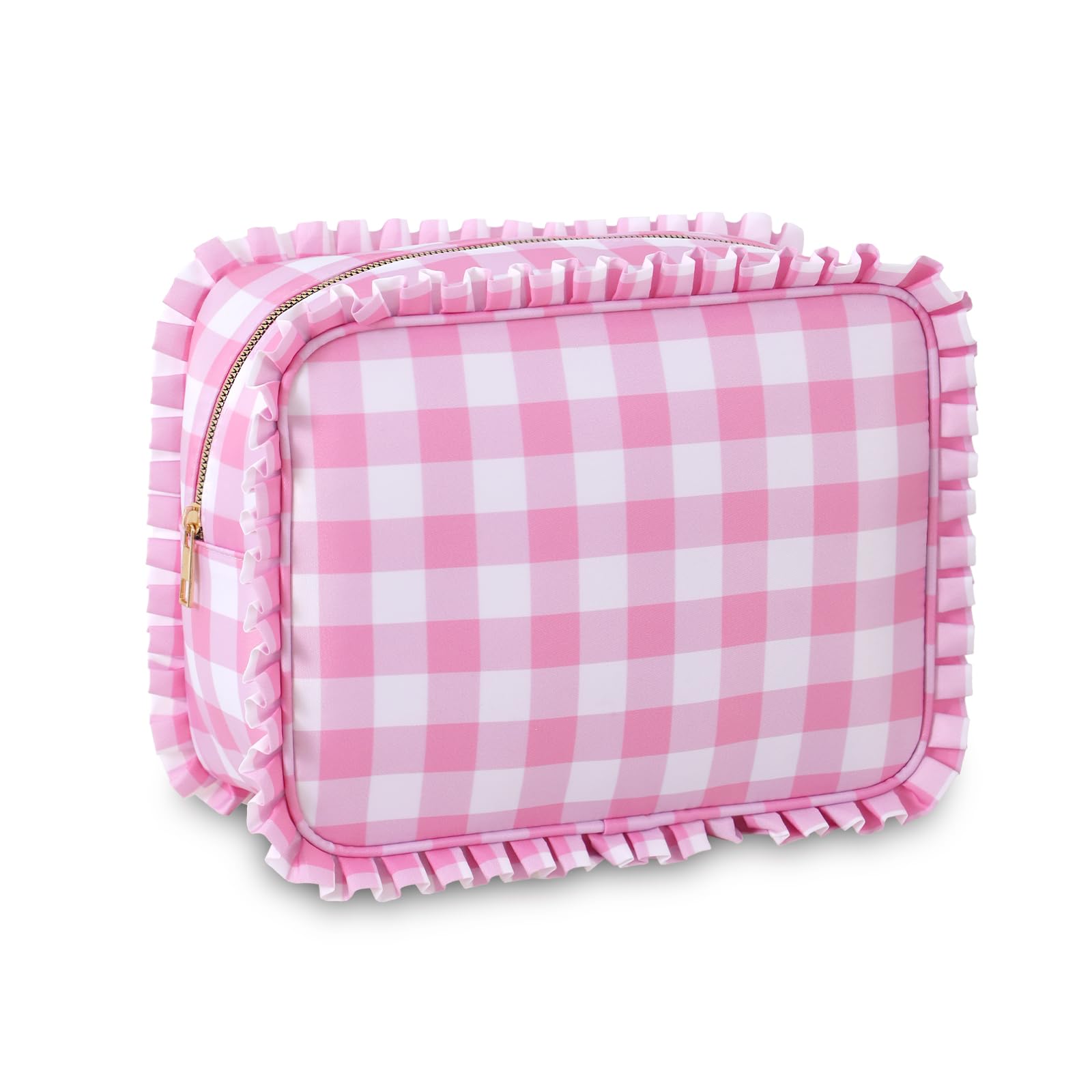 Make-up-Tasche mit Rüschen, Gingham-Muster, Rosa | Reißverschluss, großes Fassungsvermögen, Reise-Organizer für Kosmetik-Accessoires, Pinsel, Hautpflege, für Damen und Mädchen