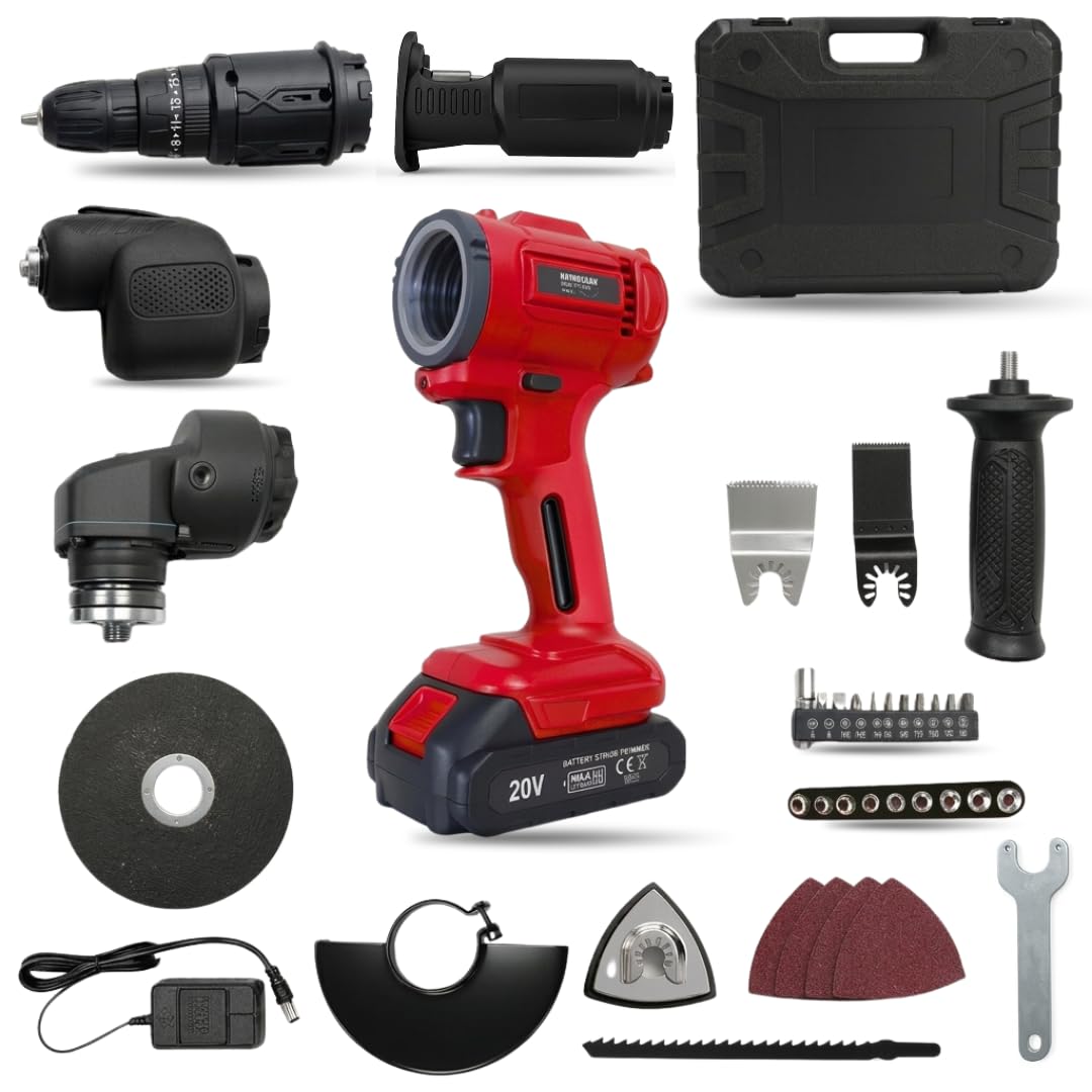 Rotorazer Multi System 10 in 1 - Multiutensile wireless 20 V: Trapano a percussione, seghetto alternativo, smerigliatrice, levigatrice e oscillante, kit completo con valigetta e batteria 1500 mAh