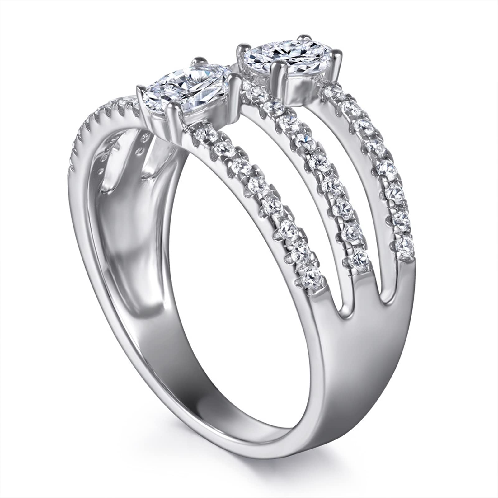 Anillo de plata maciza 925, anillo de compromiso para mujer, 3 filas huecas, ovaladas, 3 x 5 mm, anillo de boda promesa, Plata de ley 925, circonita cúbica