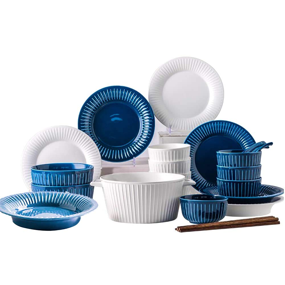 26-częściowe zestawy obiadowe dla 5 osób, ceramiczny zestaw obiadowy, zestaw zastawy stołowej w stylu francuskim, zestaw talerzy i misek w niebiesko-białe paski, kompletna porcelana Combi