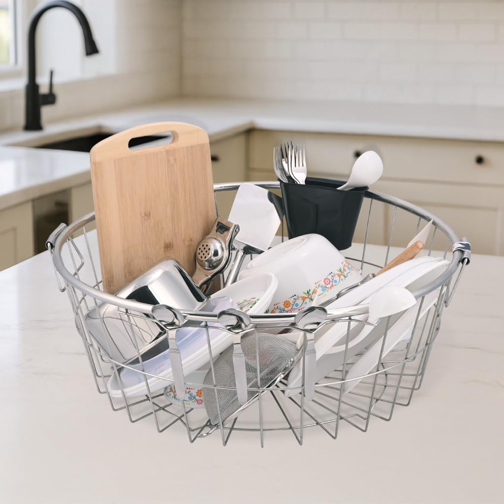 Kuber Industries Round Stainless Steel Utensils Drying Rack with Plastic Cutlery Holder | Dish Organiser with Handle | Vessel Drainer Basket | Bartan/Utensil Stand for Kitchen | Silver - Image 2 thumbnail