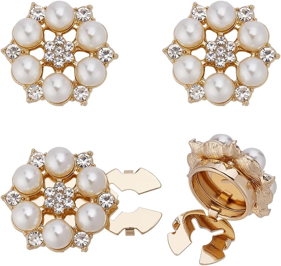 FINGERINSPIRE 4 PCS Rhinestone Button Cover Light Gold Alloy Rhinestone Flower Shape Buckle with Plastic Pearls Reusable Flower Shape Button Cover for Wedding Garment Suits Decoration DIY Projects