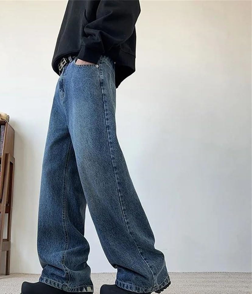 Men Wide Leg Jeans High Waisted Textured Denim Pants Casual Loose Fit Streetwear Trousers3