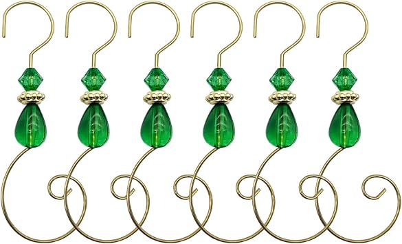 Christmas Ornament Hanger Decoration Iron Hook with Acrylic Jewelry for Christmas Tree,Home Decoration Gold Hook, Clear Jewelry,36 Pieces Green